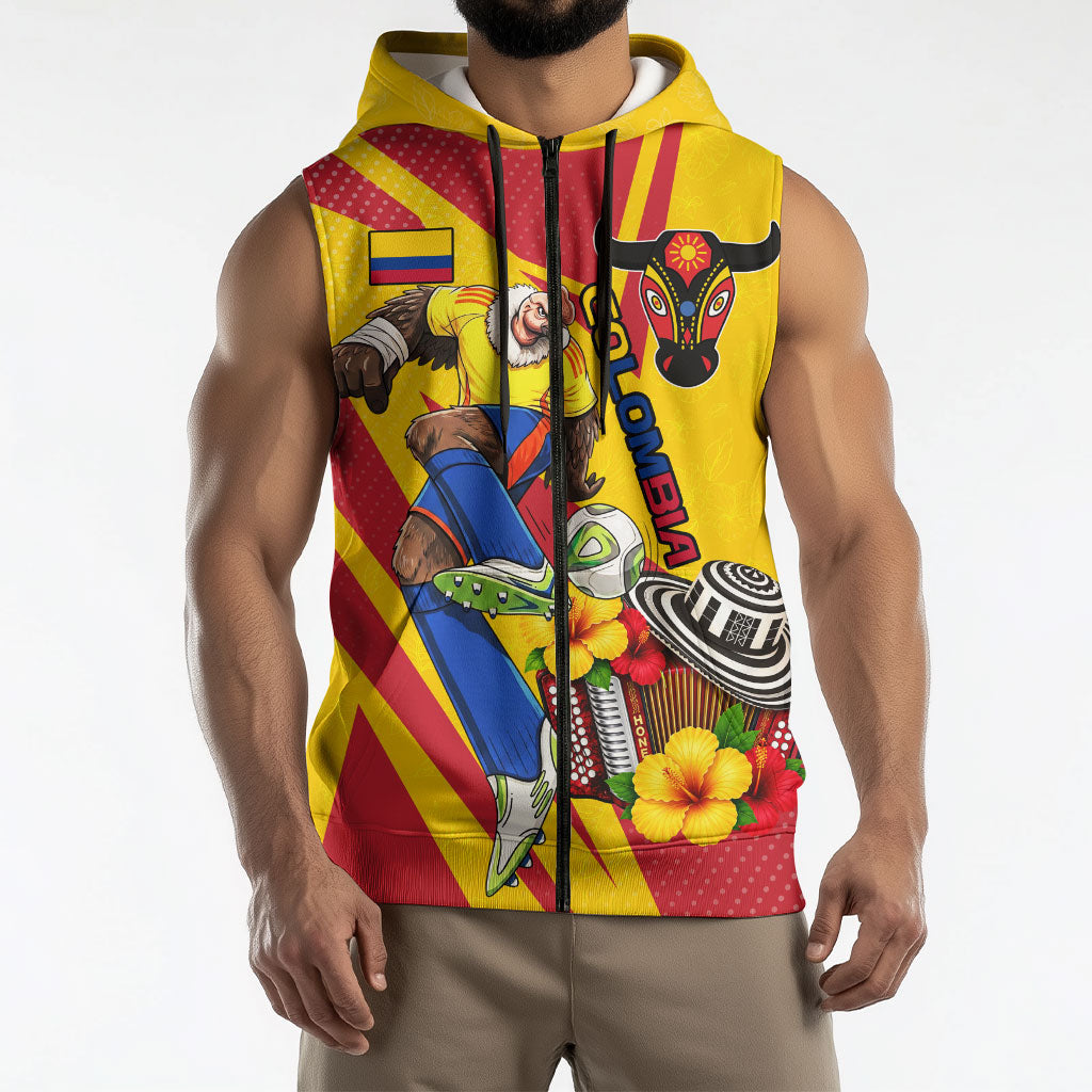 Personalized Colombia Football Vulture Mascot Sleeveless Zip Hoodie Vibrant Barranquilla Carnival Style - Vueltiao Hat And Accordion