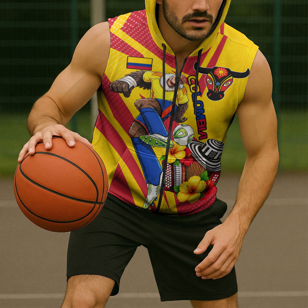 Personalized Colombia Football Vulture Mascot Sleeveless Zip Hoodie Vibrant Barranquilla Carnival Style - Vueltiao Hat And Accordion
