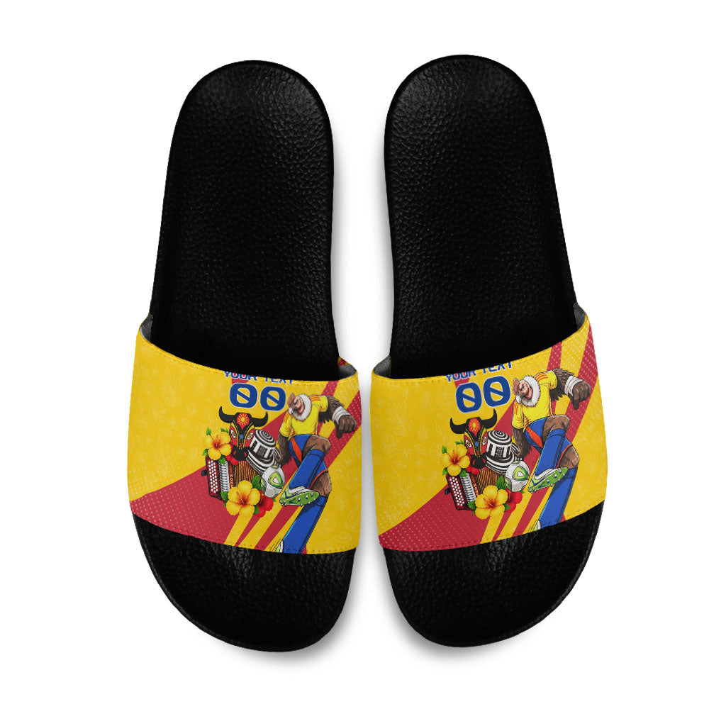 Personalized Colombia Football Vulture Mascot Slide Sandals Vibrant Barranquilla Carnival Style - Vueltiao Hat And Accordion