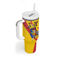 Personalized Colombia Football Vulture Mascot Tumbler With Handle Vibrant Barranquilla Carnival Style - Vueltiao Hat And Accordion
