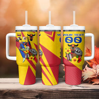 Personalized Colombia Football Vulture Mascot Tumbler With Handle Vibrant Barranquilla Carnival Style - Vueltiao Hat And Accordion
