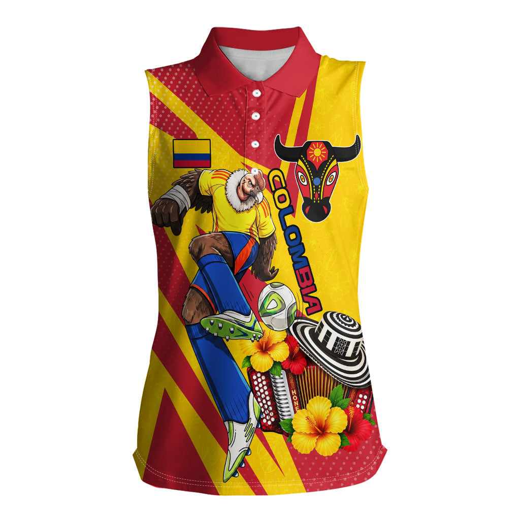 Personalized Colombia Football Vulture Mascot Women Sleeveless Polo Shirt Vibrant Barranquilla Carnival Style - Vueltiao Hat And Accordion