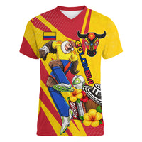 Personalized Colombia Football Vulture Mascot Women V-Neck T-Shirt Vibrant Barranquilla Carnival Style - Vueltiao Hat And Accordion