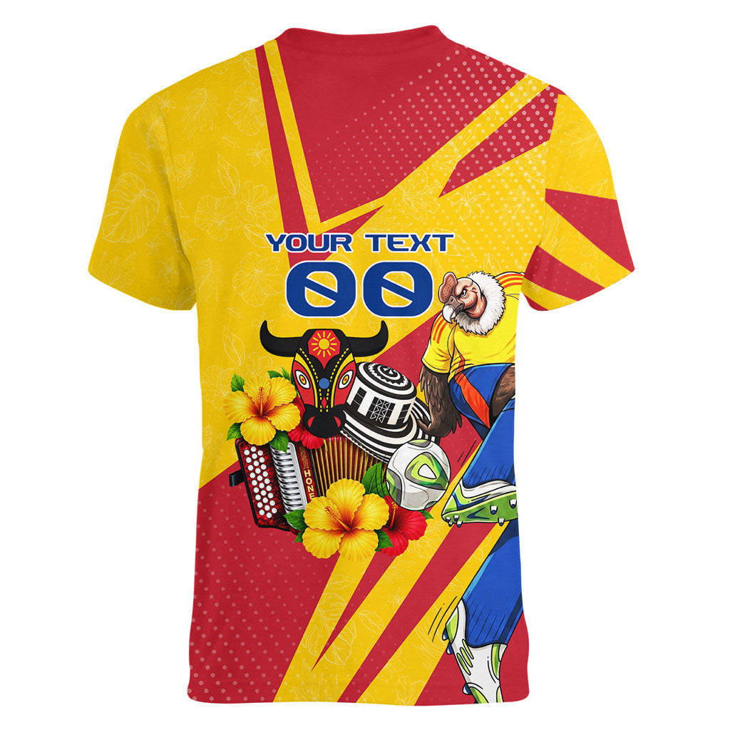 Personalized Colombia Football Vulture Mascot Women V-Neck T-Shirt Vibrant Barranquilla Carnival Style - Vueltiao Hat And Accordion