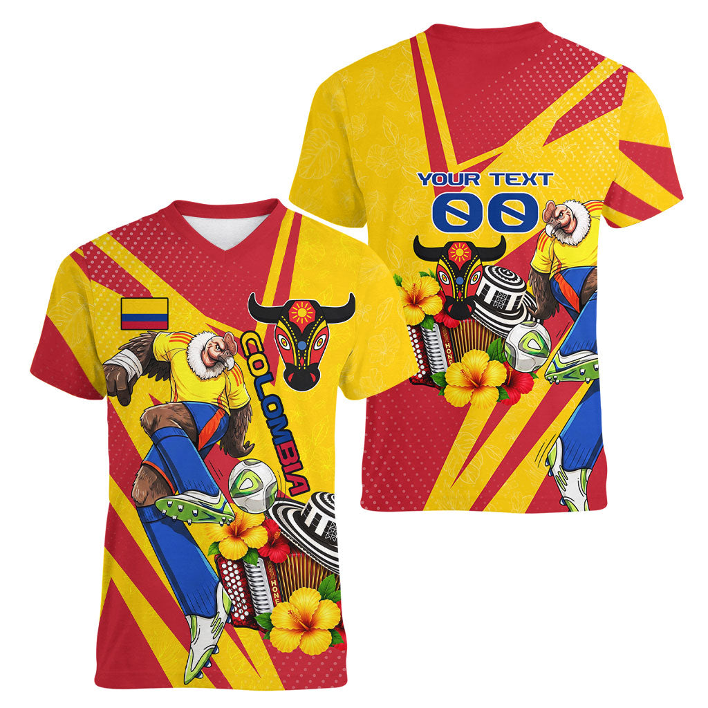 Personalized Colombia Football Vulture Mascot Women V-Neck T-Shirt Vibrant Barranquilla Carnival Style - Vueltiao Hat And Accordion