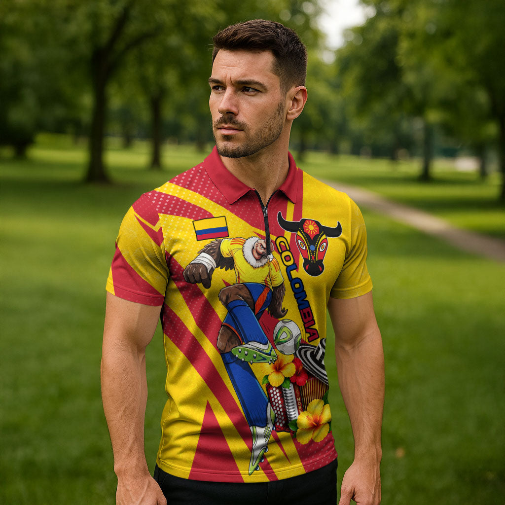 Personalized Colombia Football Vulture Mascot Zipper Polo Shirt Vibrant Barranquilla Carnival Style - Vueltiao Hat And Accordion
