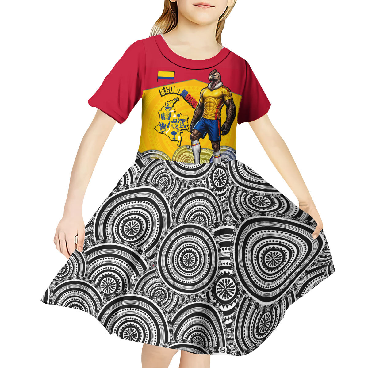 Personalized Colombia Football Kid Short Sleeve Dress Vulture Mascot Sombrero Vueltiao Map