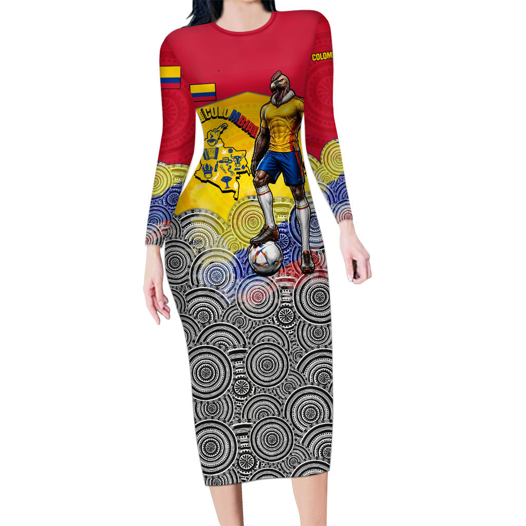 Personalized Colombia Football Long Sleeve Bodycon Dress Vulture Mascot Sombrero Vueltiao Map