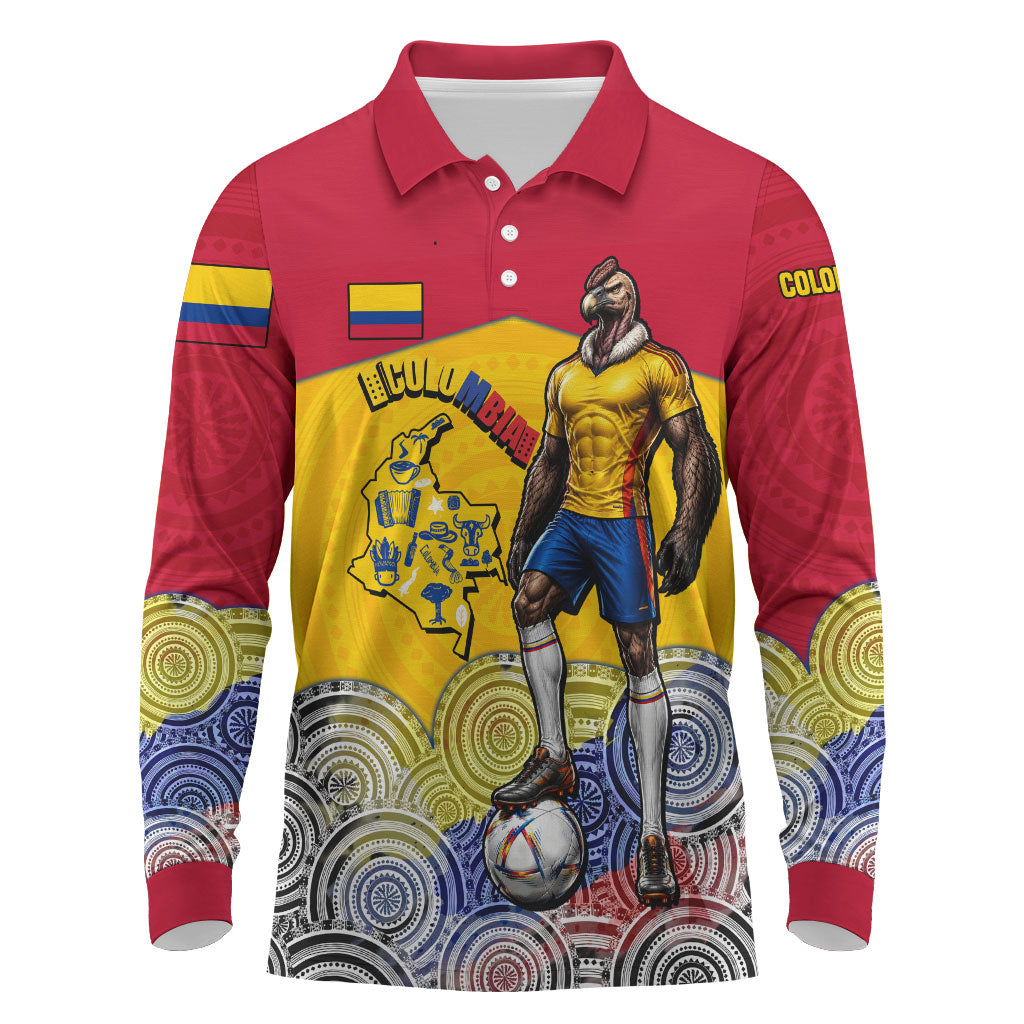 Personalized Colombia Football Long Sleeve Polo Shirt Vulture Mascot Sombrero Vueltiao Map