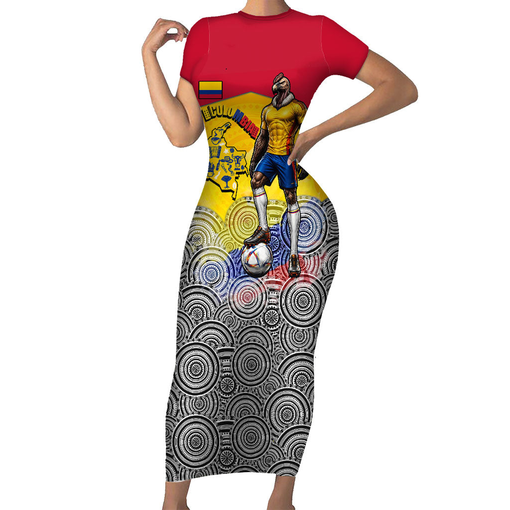 Personalized Colombia Football Short Sleeve Bodycon Dress Vulture Mascot Sombrero Vueltiao Map