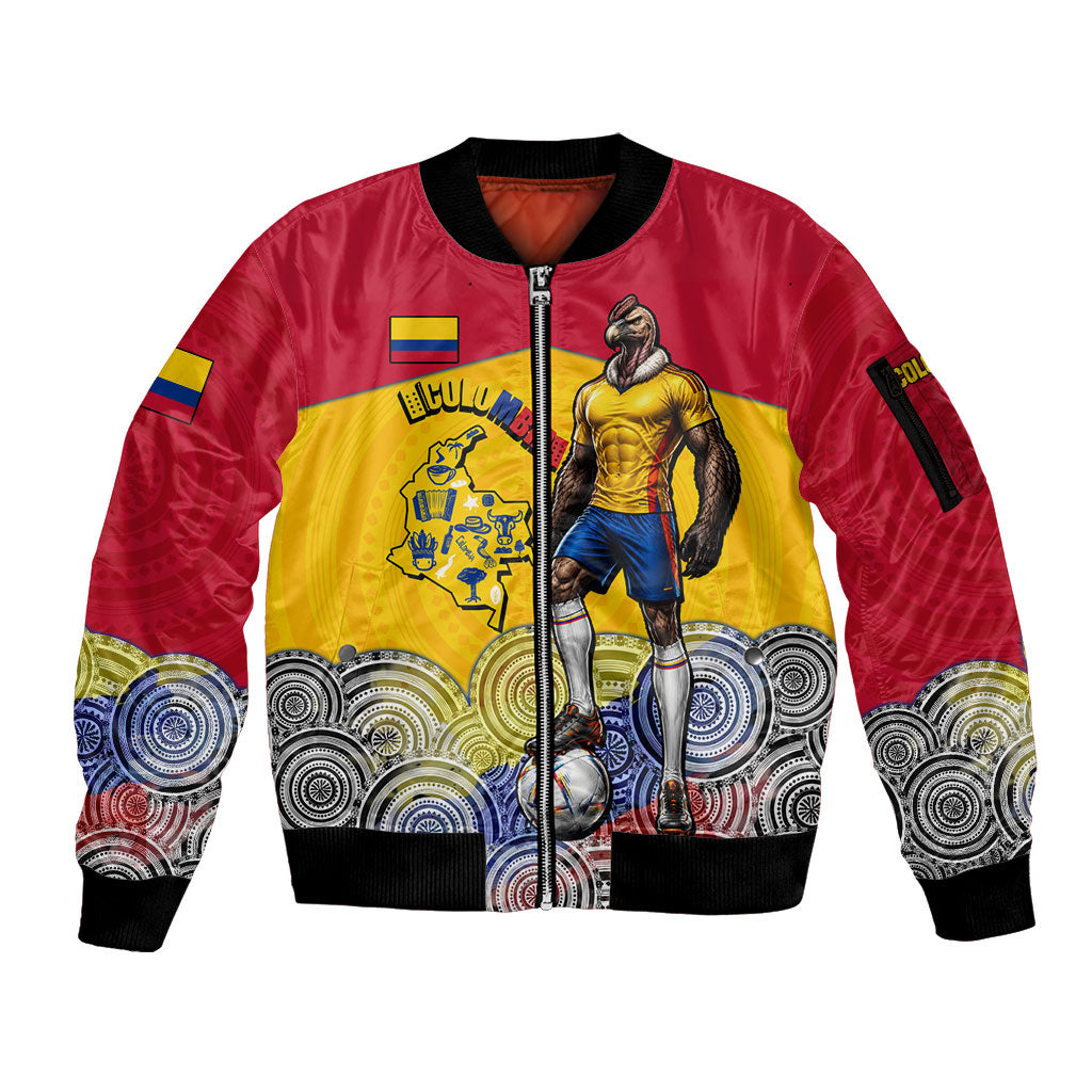 Personalized Colombia Football Sleeve Zip Bomber Jacket Vulture Mascot Sombrero Vueltiao Map