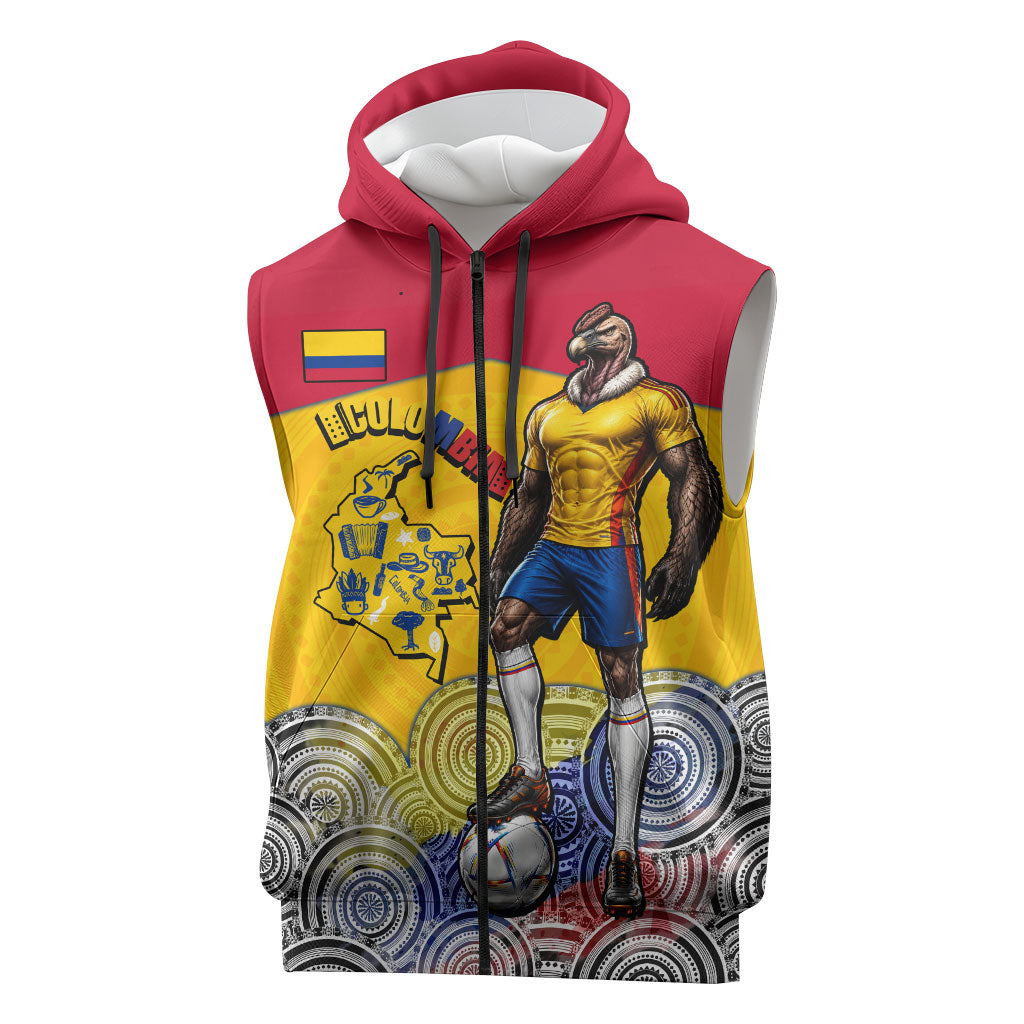 Personalized Colombia Football Sleeveless Zip Hoodie Vulture Mascot Sombrero Vueltiao Map