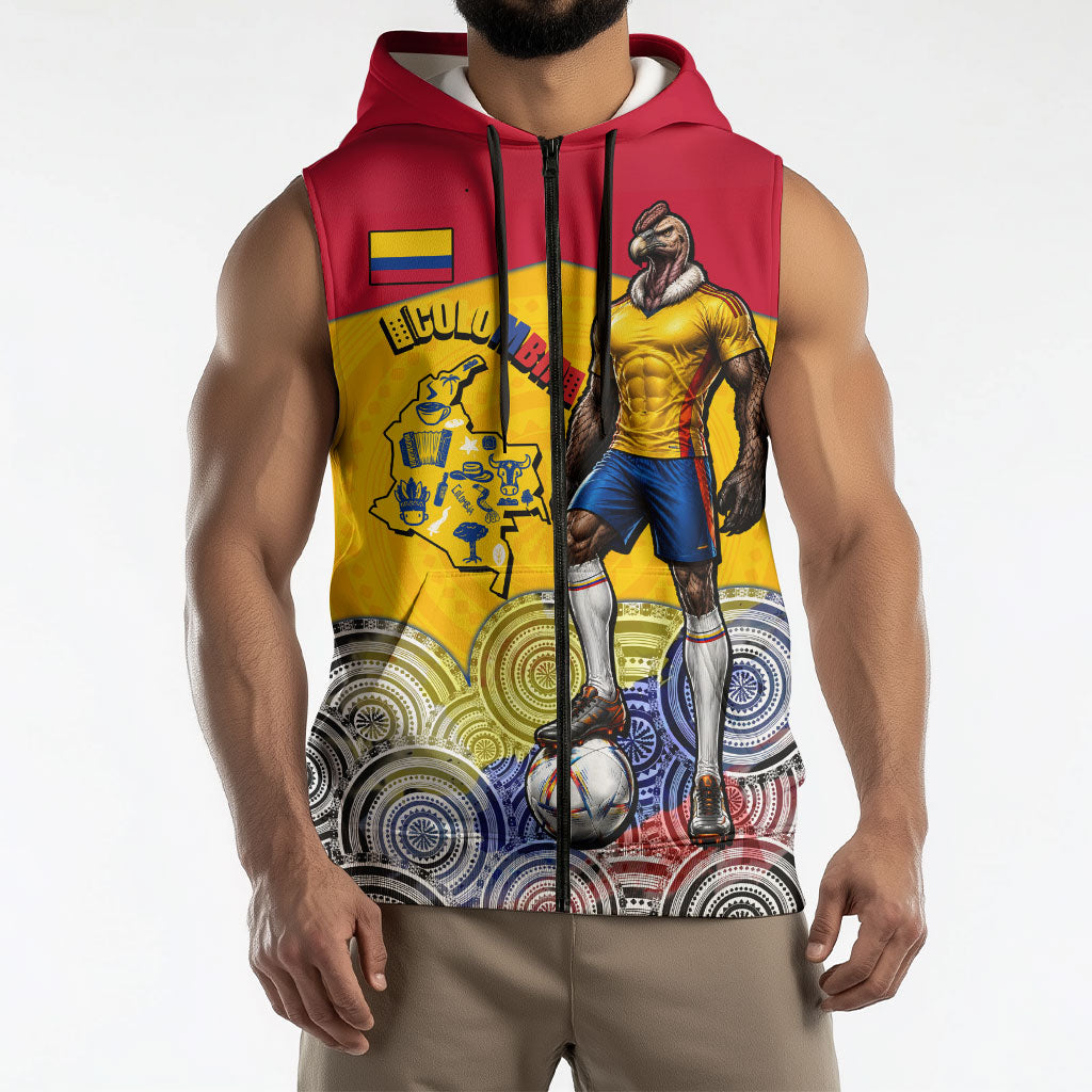 Personalized Colombia Football Sleeveless Zip Hoodie Vulture Mascot Sombrero Vueltiao Map