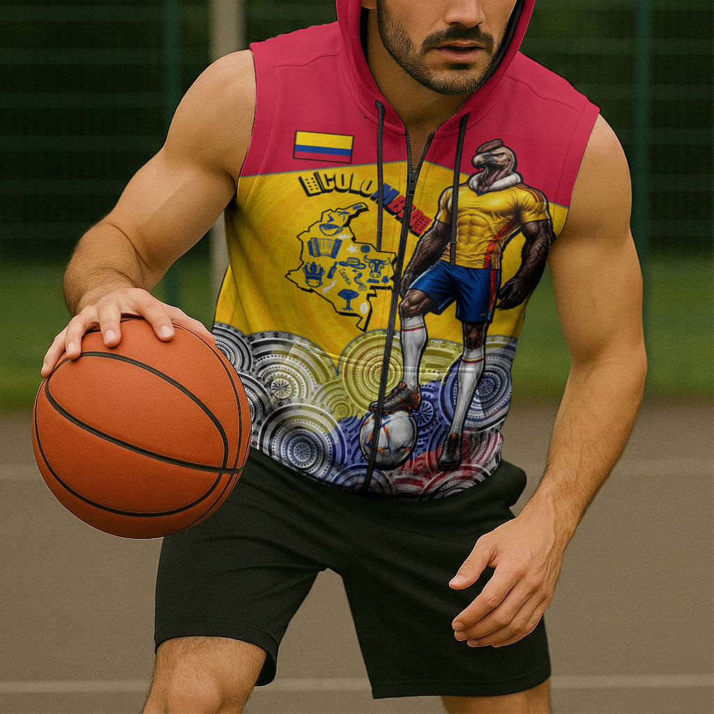 Personalized Colombia Football Sleeveless Zip Hoodie Vulture Mascot Sombrero Vueltiao Map