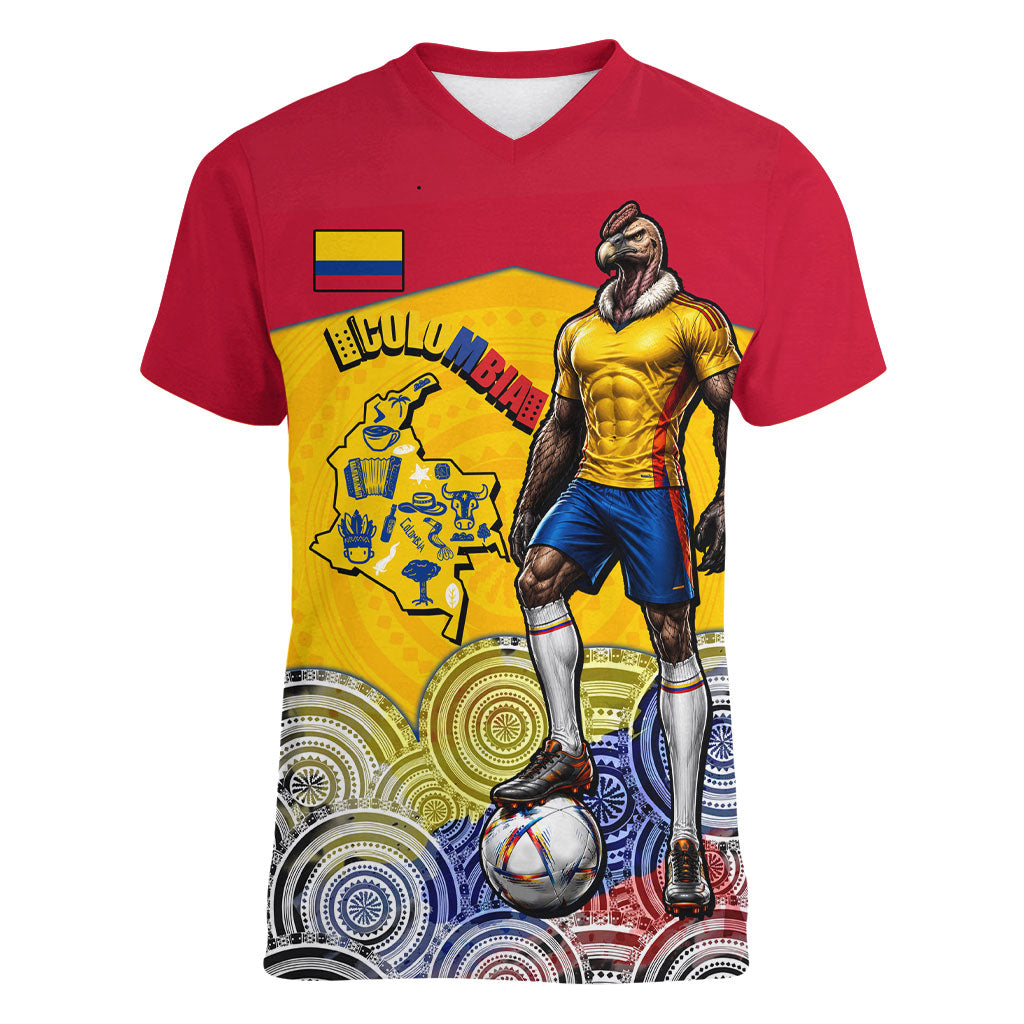 Personalized Colombia Football Women V-Neck T-Shirt Vulture Mascot Sombrero Vueltiao Map