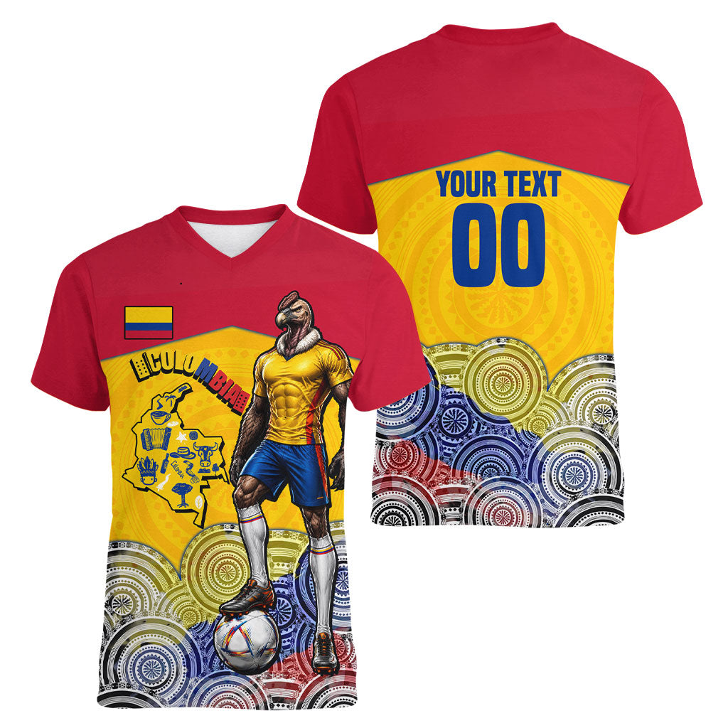 Personalized Colombia Football Women V-Neck T-Shirt Vulture Mascot Sombrero Vueltiao Map