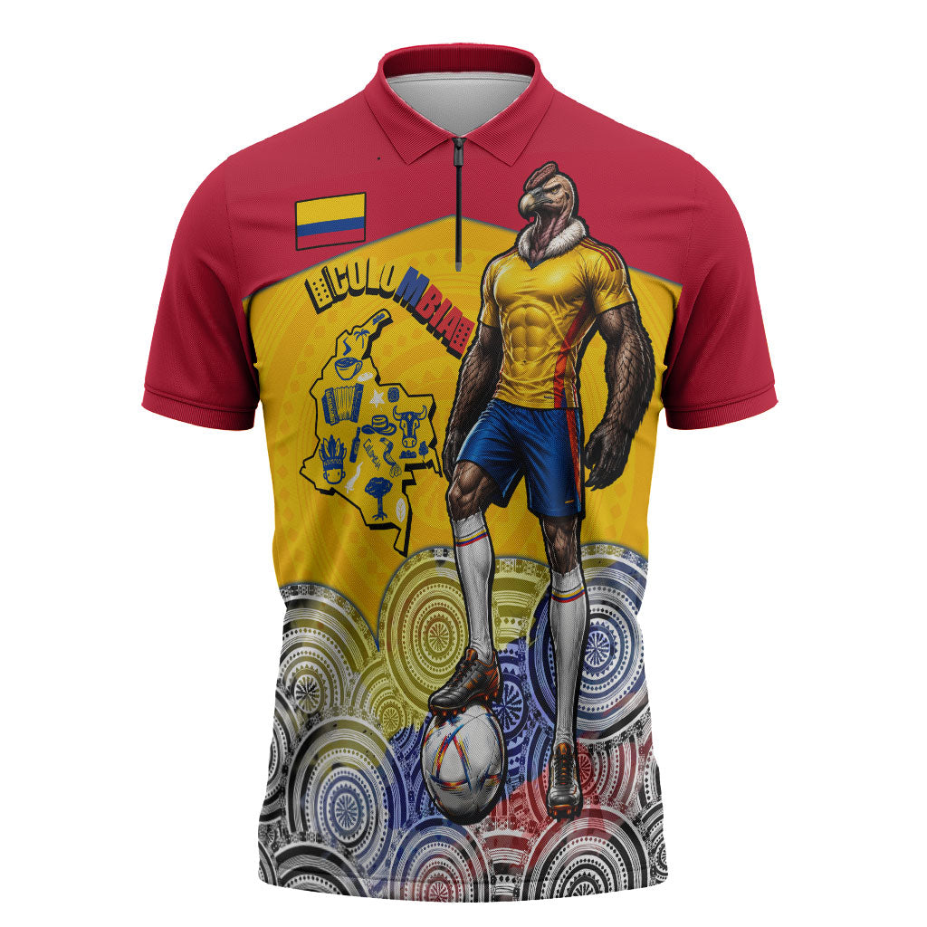 Personalized Colombia Football Zipper Polo Shirt Vulture Mascot Sombrero Vueltiao Map