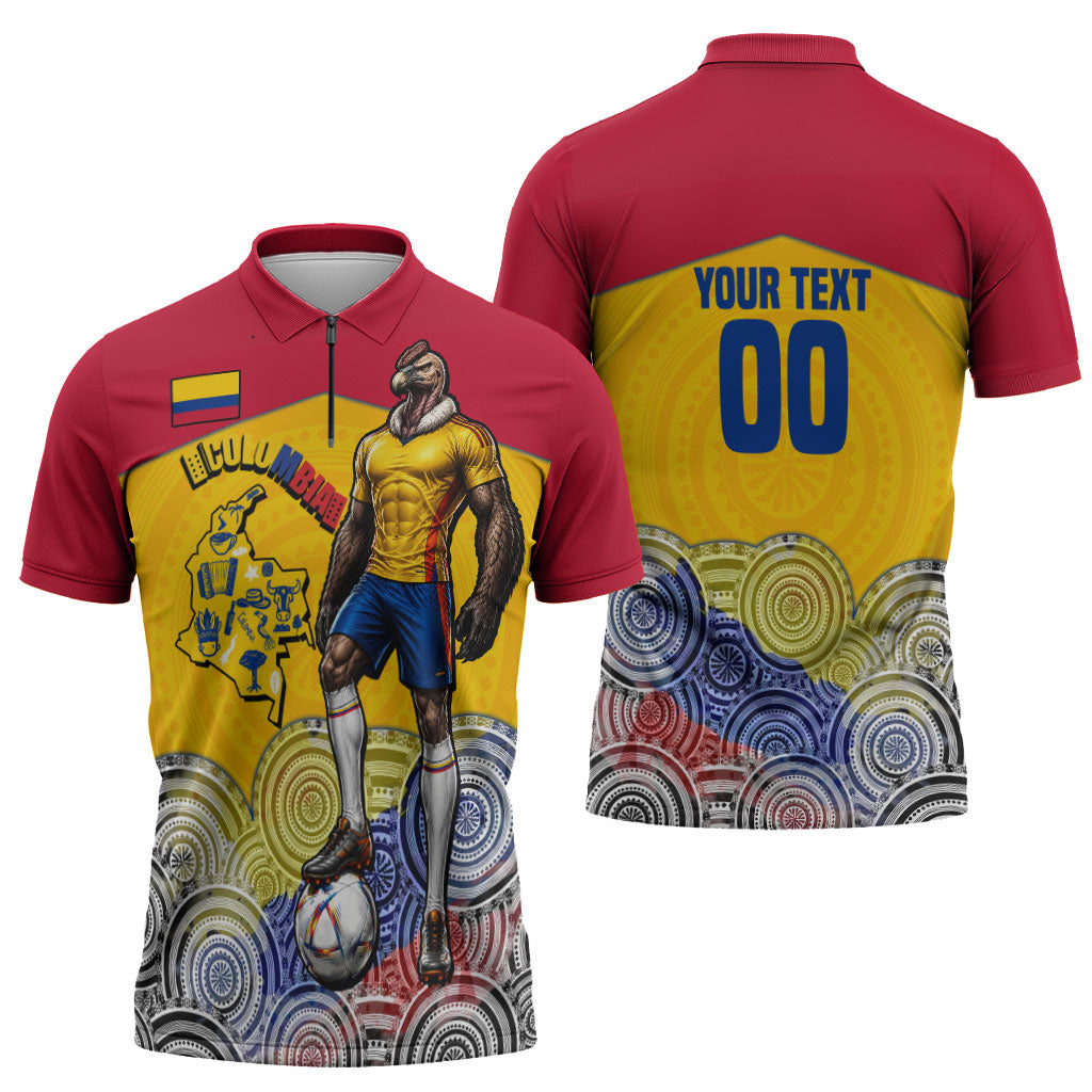 Personalized Colombia Football Zipper Polo Shirt Vulture Mascot Sombrero Vueltiao Map