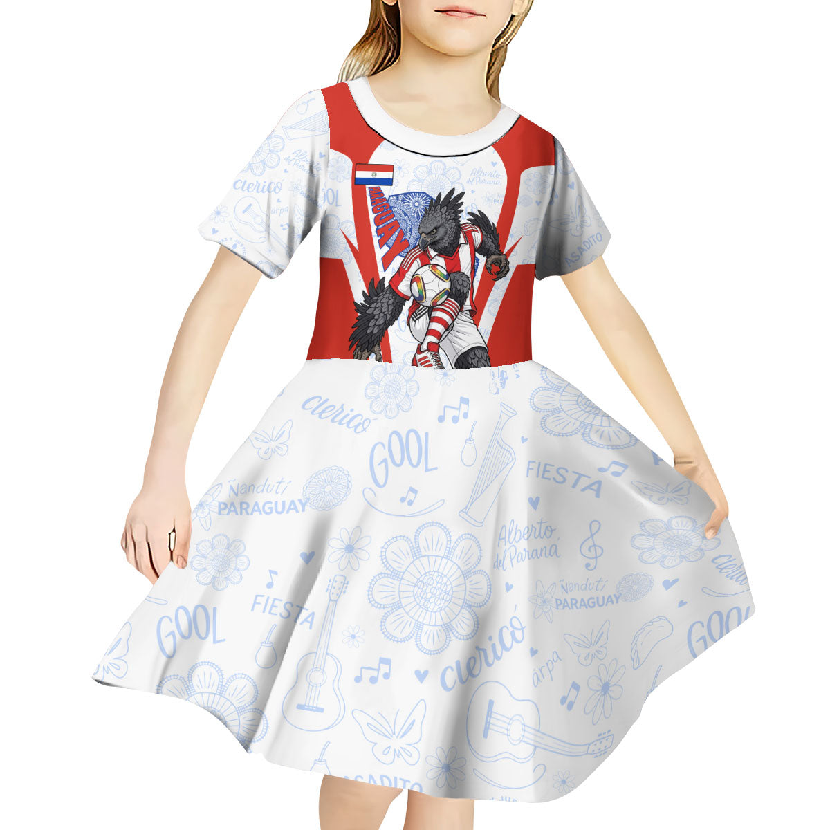 Personalized Paraguay Soccer Kid Short Sleeve Dress Harpy Eagle Mascot Football Flag