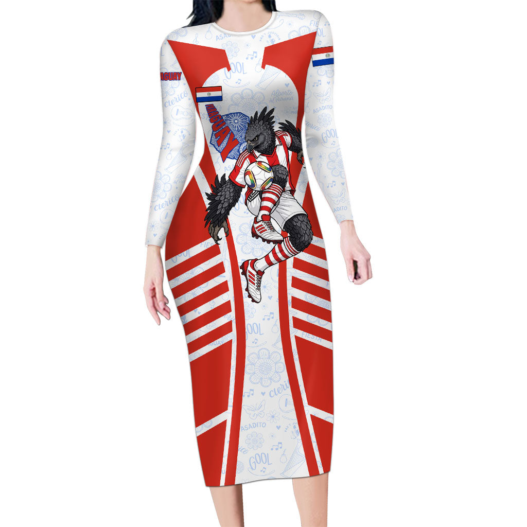 Personalized Paraguay Soccer Long Sleeve Bodycon Dress Harpy Eagle Mascot Football Flag