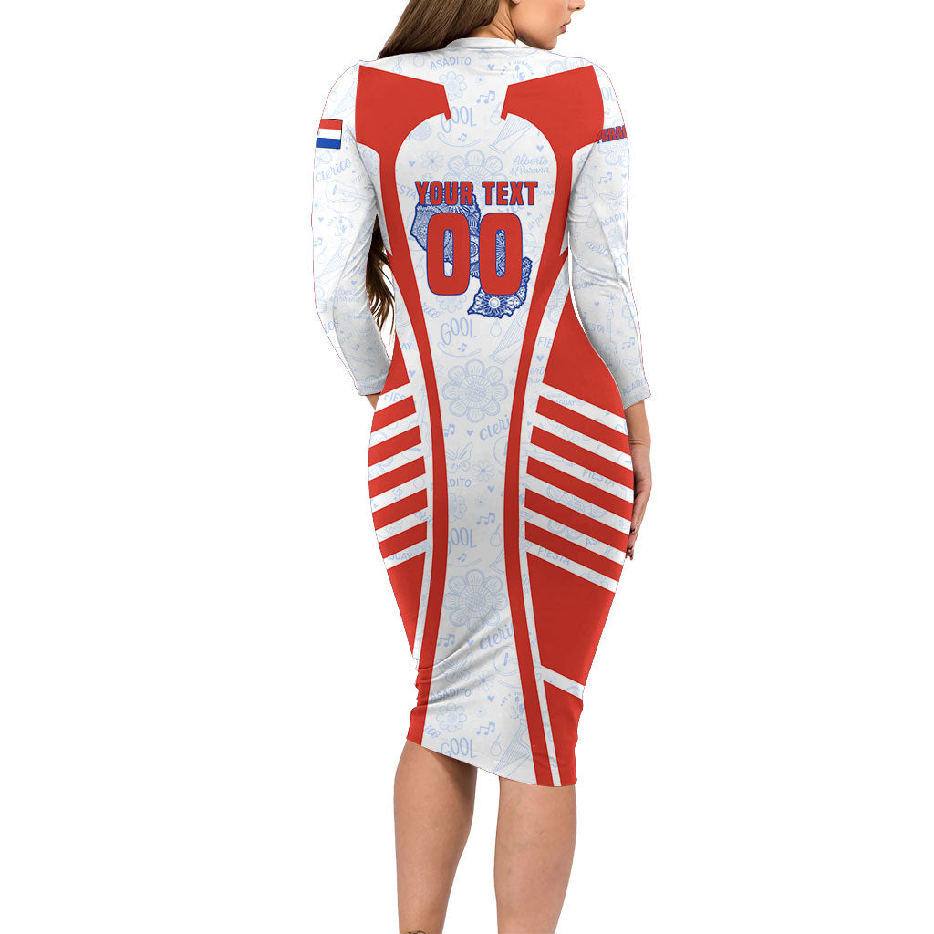 Personalized Paraguay Soccer Long Sleeve Bodycon Dress Harpy Eagle Mascot Football Flag