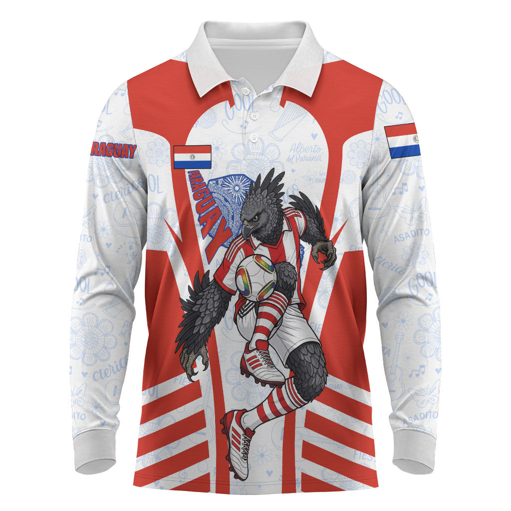 Personalized Paraguay Soccer Long Sleeve Polo Shirt Harpy Eagle Mascot Football Flag