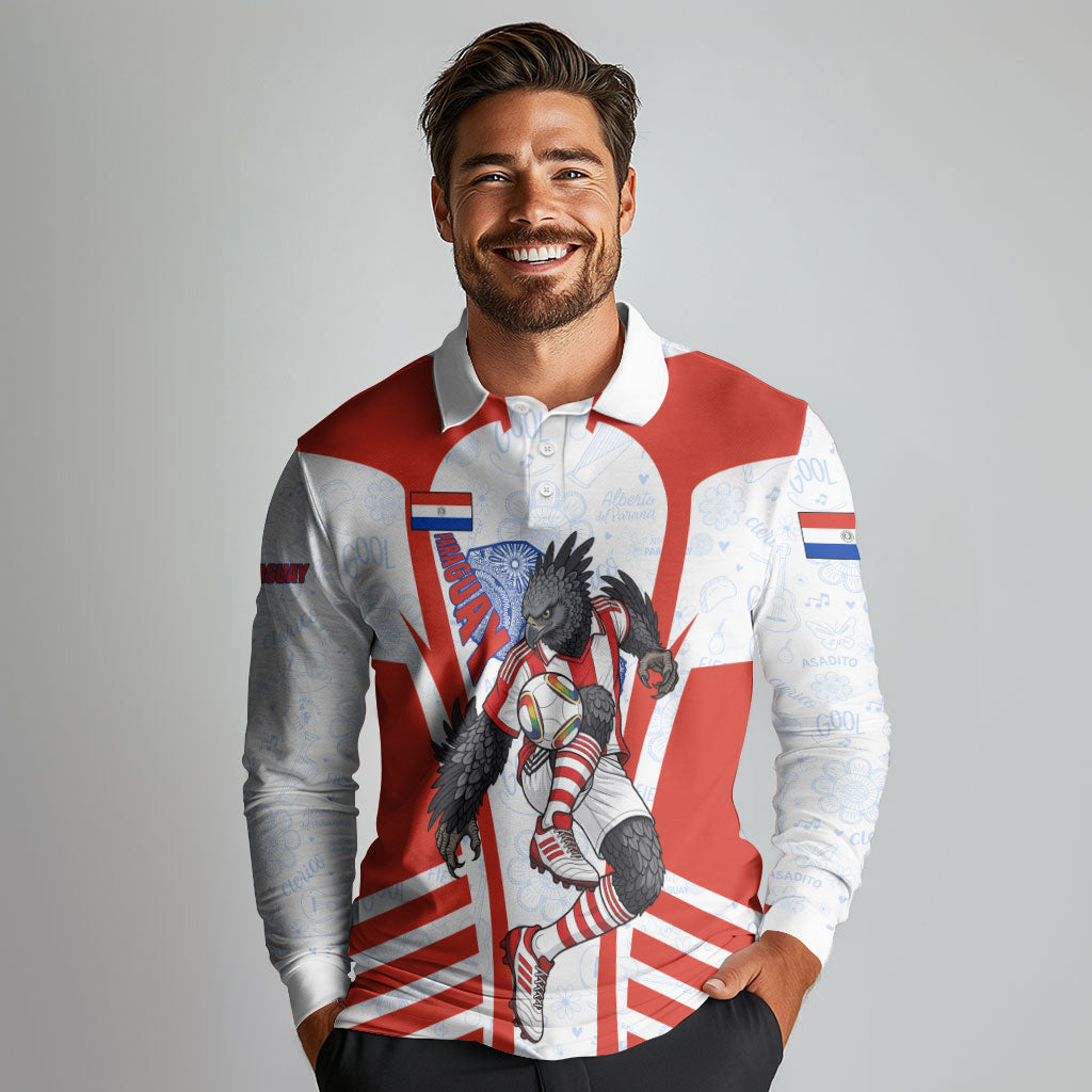 Personalized Paraguay Soccer Long Sleeve Polo Shirt Harpy Eagle Mascot Football Flag