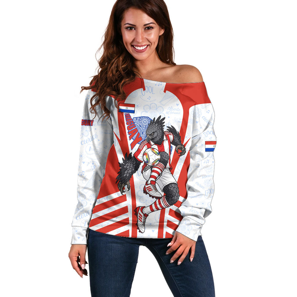 Personalized Paraguay Soccer Off Shoulder Sweater Harpy Eagle Mascot Football Flag