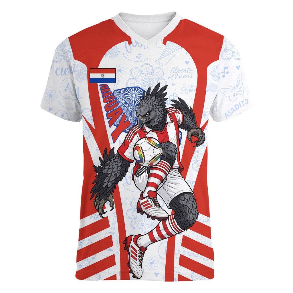 Personalized Paraguay Soccer Women V-Neck T-Shirt Harpy Eagle Mascot Football Flag