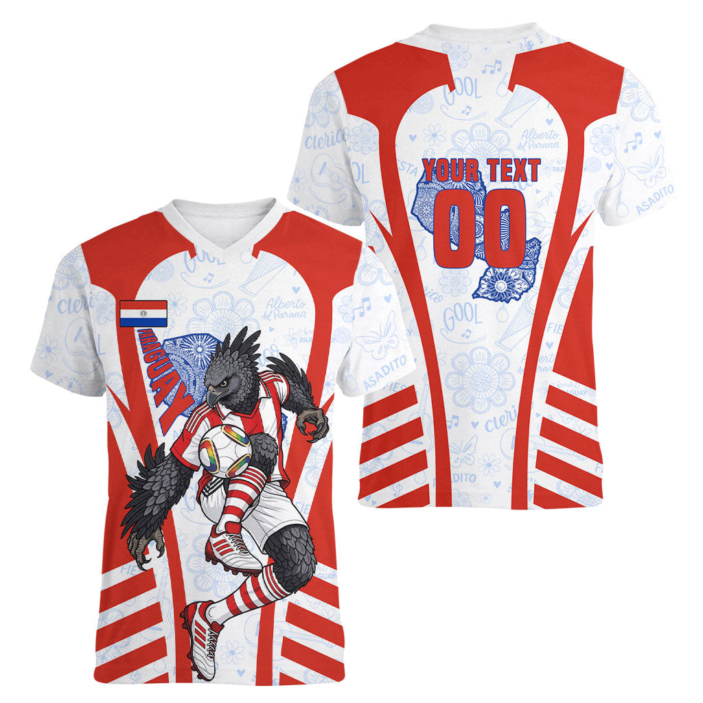Personalized Paraguay Soccer Women V-Neck T-Shirt Harpy Eagle Mascot Football Flag