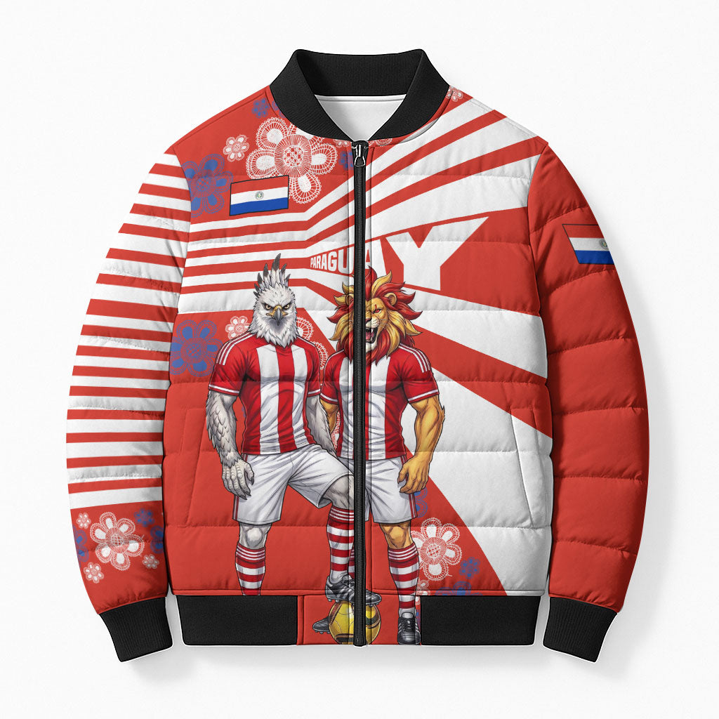 Personalized Paraguay Football Bomber Puffer Jacket Lion Eagle Mascot Floral