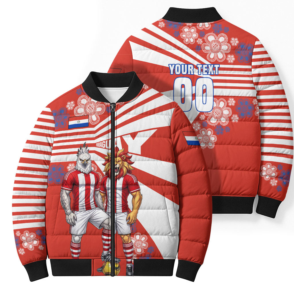 Personalized Paraguay Football Bomber Puffer Jacket Lion Eagle Mascot Floral