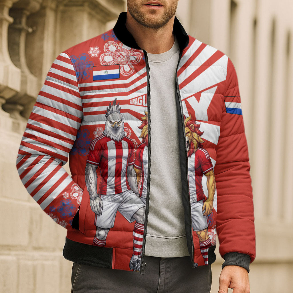 Personalized Paraguay Football Bomber Puffer Jacket Lion Eagle Mascot Floral