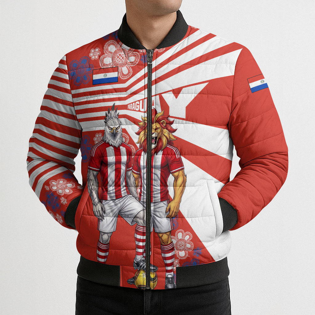 Personalized Paraguay Football Bomber Puffer Jacket Lion Eagle Mascot Floral