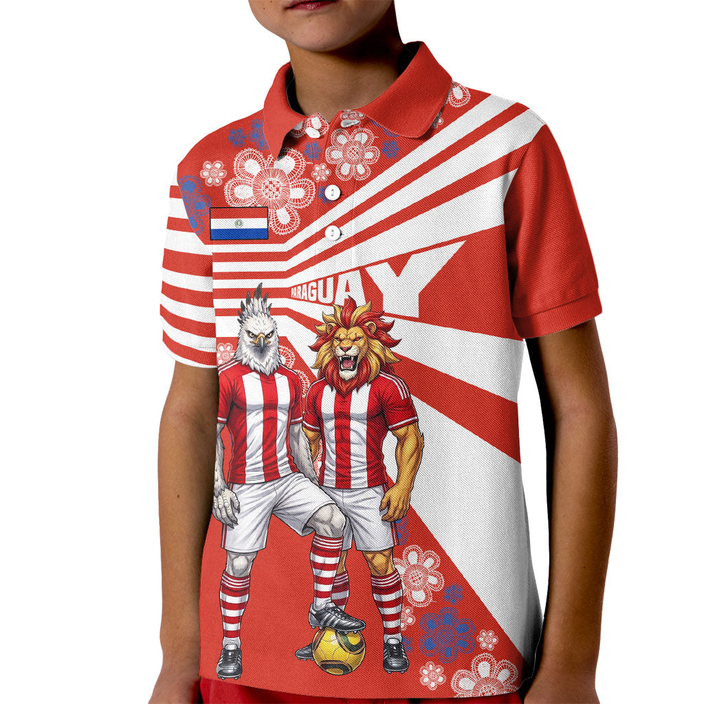 Personalized Paraguay Football Kid Polo Shirt Lion Eagle Mascot Floral
