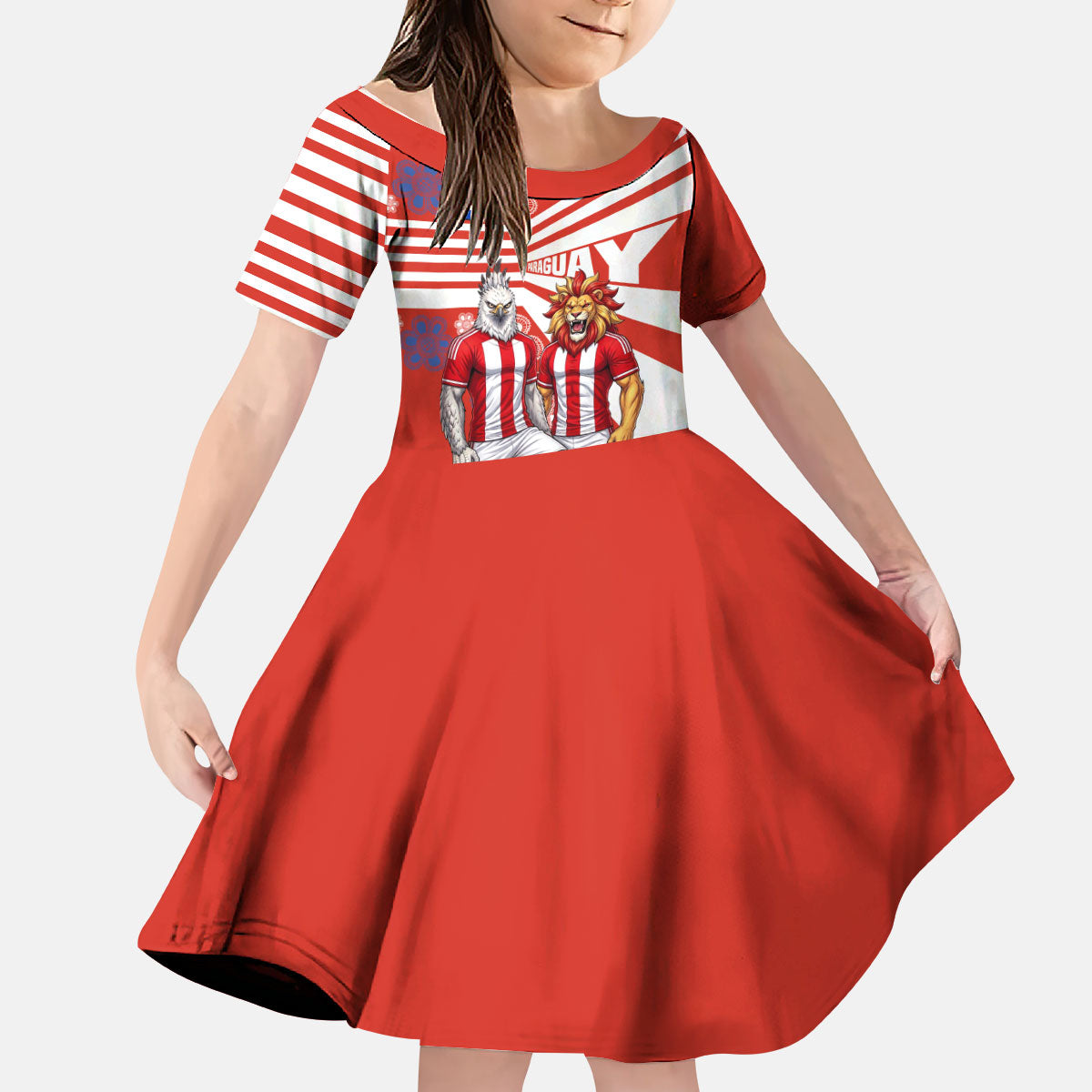 Personalized Paraguay Football Kid Short Sleeve Dress Lion Eagle Mascot Floral