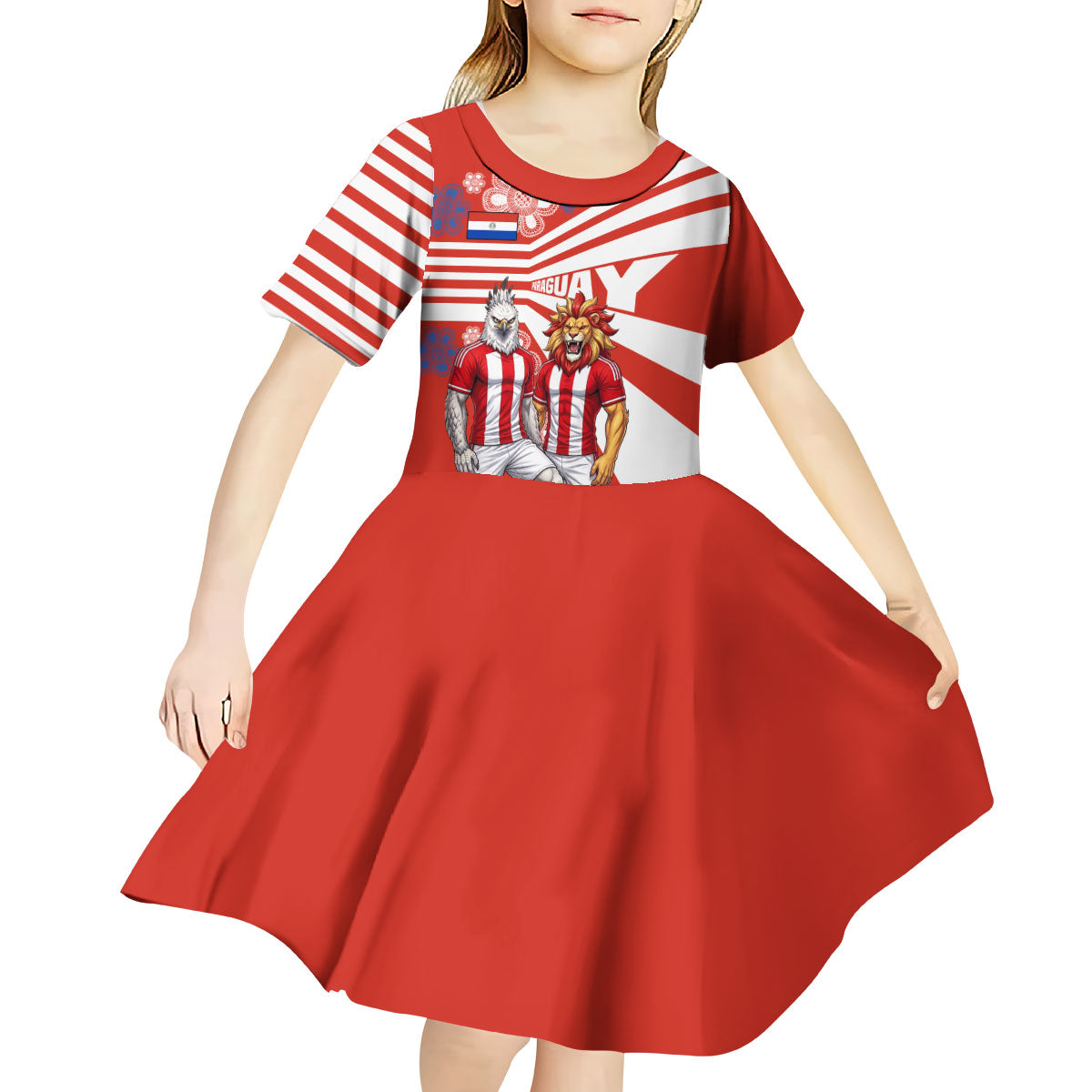 Personalized Paraguay Football Kid Short Sleeve Dress Lion Eagle Mascot Floral