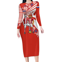 Personalized Paraguay Football Long Sleeve Bodycon Dress Lion Eagle Mascot Floral