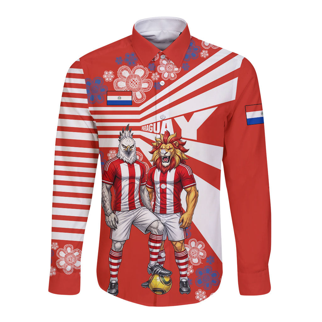 Personalized Paraguay Football Long Sleeve Button Shirt Lion Eagle Mascot Floral