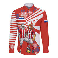 Personalized Paraguay Football Long Sleeve Button Shirt Lion Eagle Mascot Floral