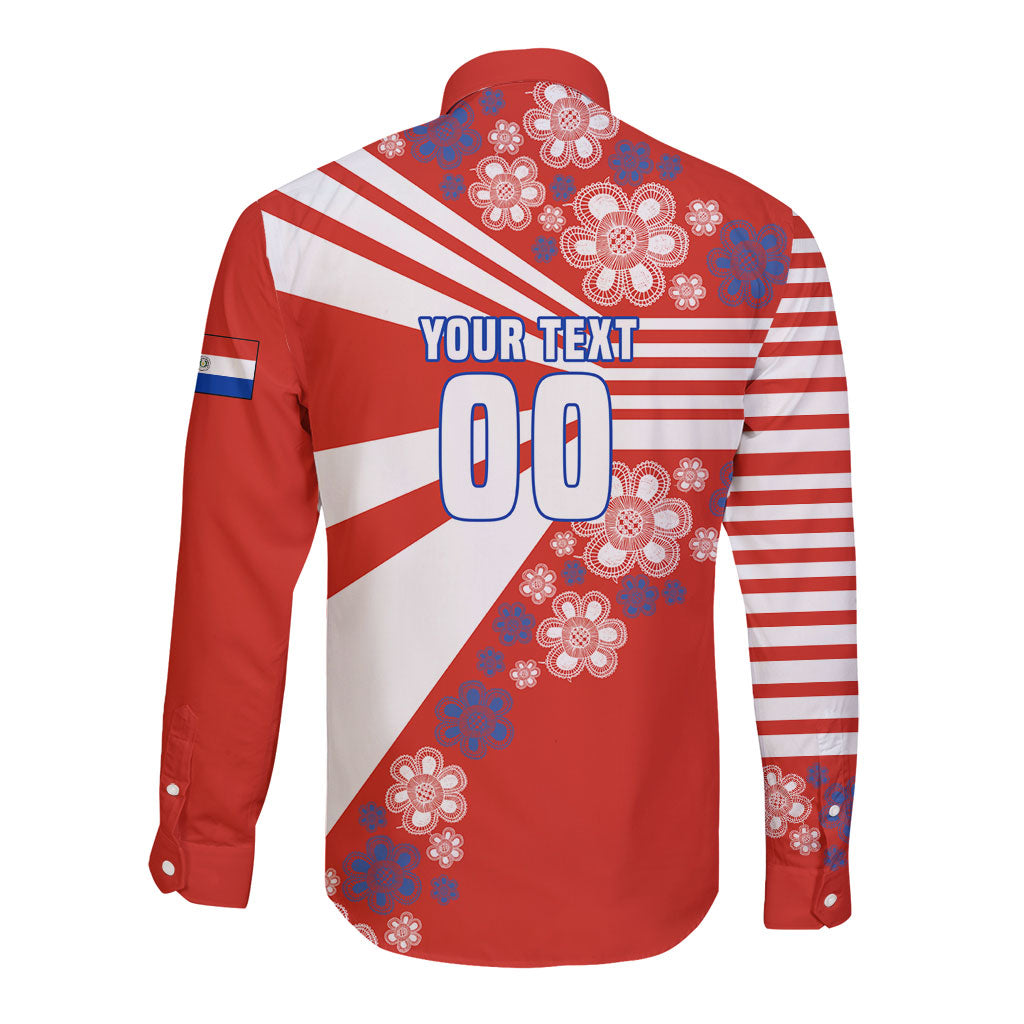 Personalized Paraguay Football Long Sleeve Button Shirt Lion Eagle Mascot Floral