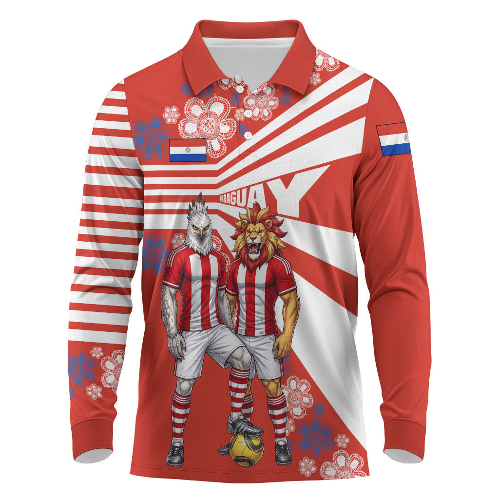 Personalized Paraguay Football Long Sleeve Polo Shirt Lion Eagle Mascot Floral