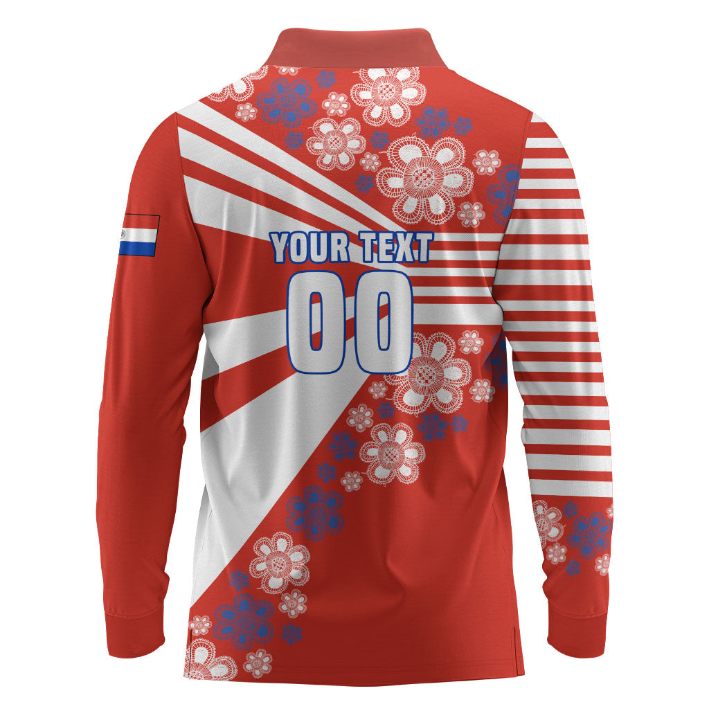 Personalized Paraguay Football Long Sleeve Polo Shirt Lion Eagle Mascot Floral