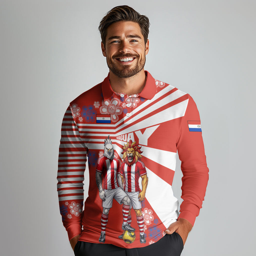 Personalized Paraguay Football Long Sleeve Polo Shirt Lion Eagle Mascot Floral