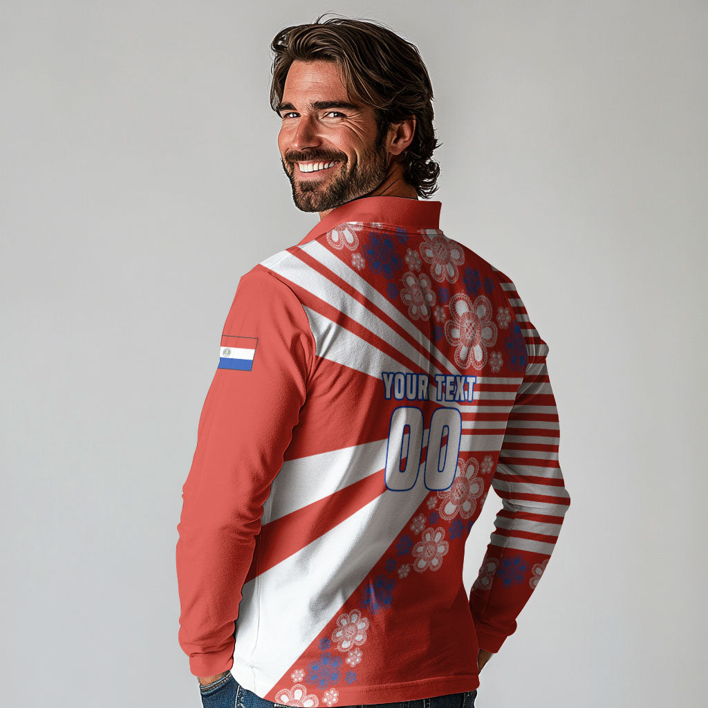 Personalized Paraguay Football Long Sleeve Polo Shirt Lion Eagle Mascot Floral