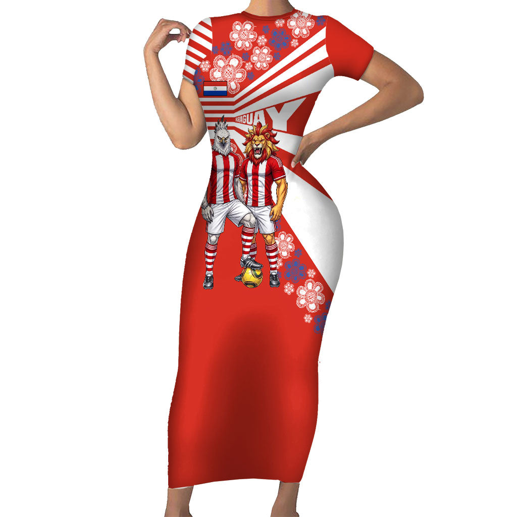 Personalized Paraguay Football Short Sleeve Bodycon Dress Lion Eagle Mascot Floral
