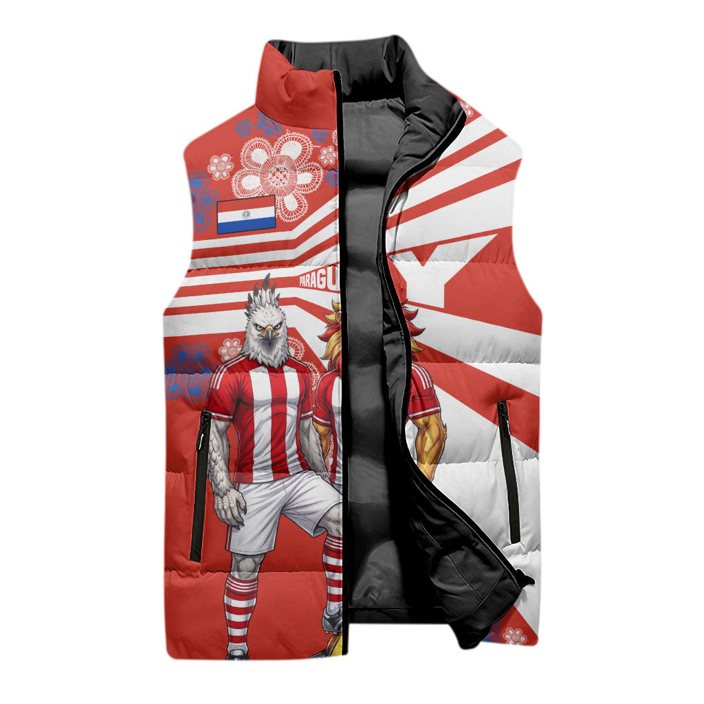 Personalized Paraguay Football Sleeveless Puffer Jacket Lion Eagle Mascot Floral