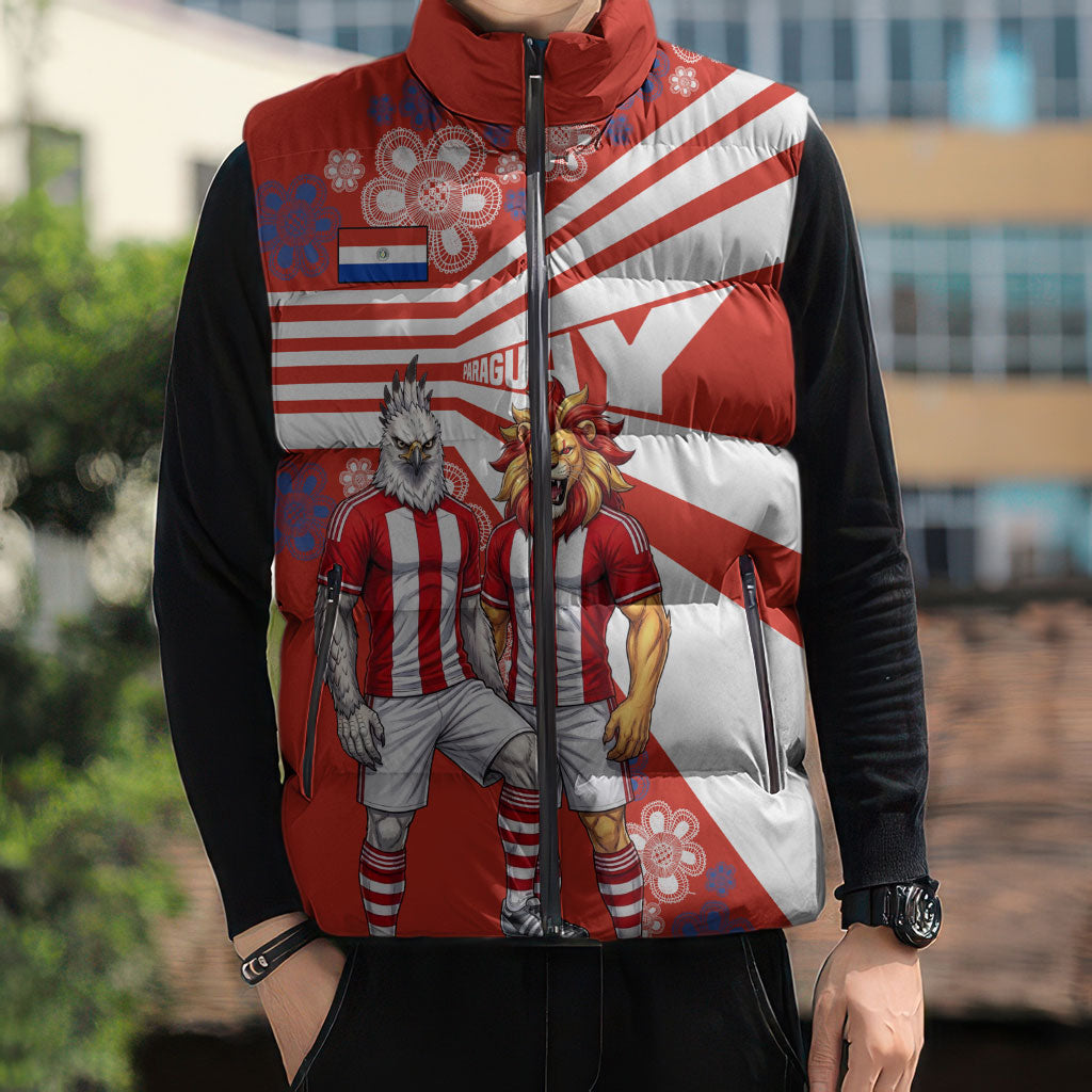 Personalized Paraguay Football Sleeveless Puffer Jacket Lion Eagle Mascot Floral