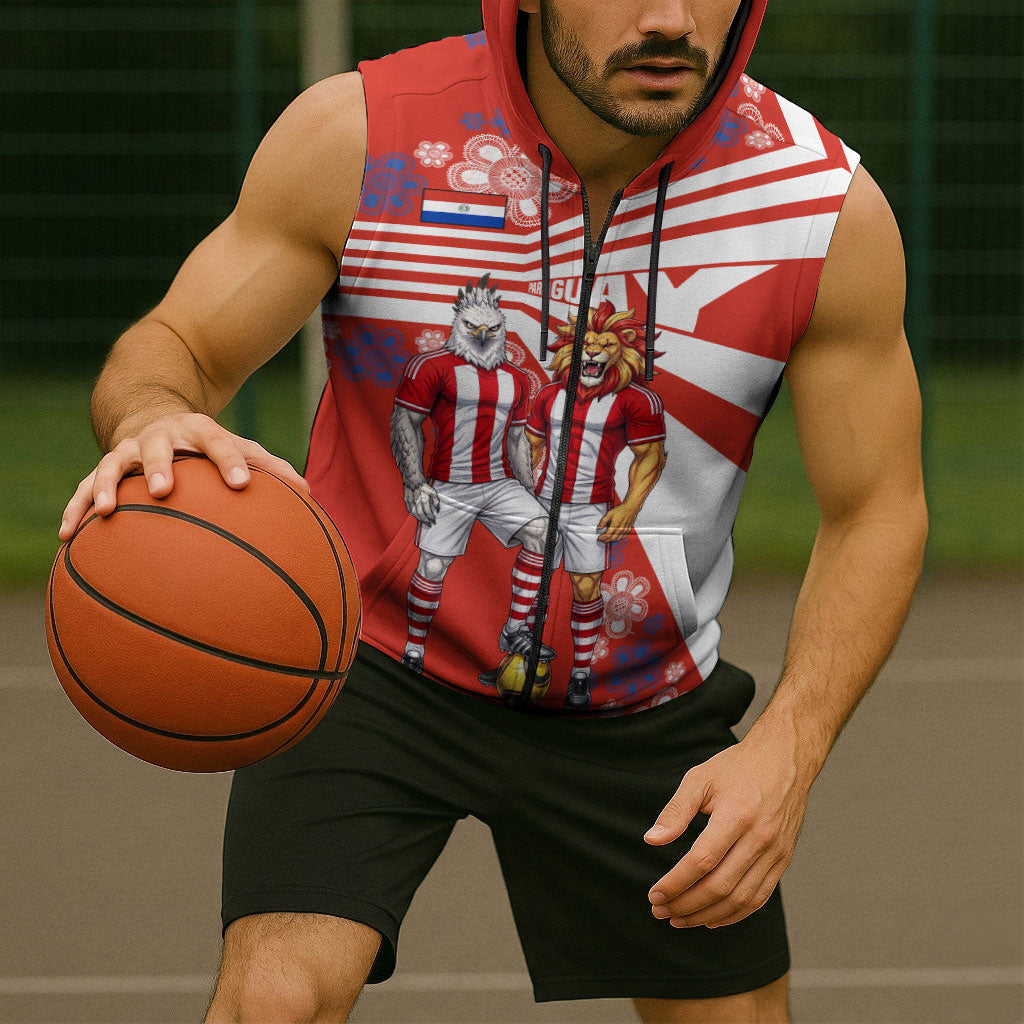 Personalized Paraguay Football Sleeveless Zip Hoodie Lion Eagle Mascot Floral