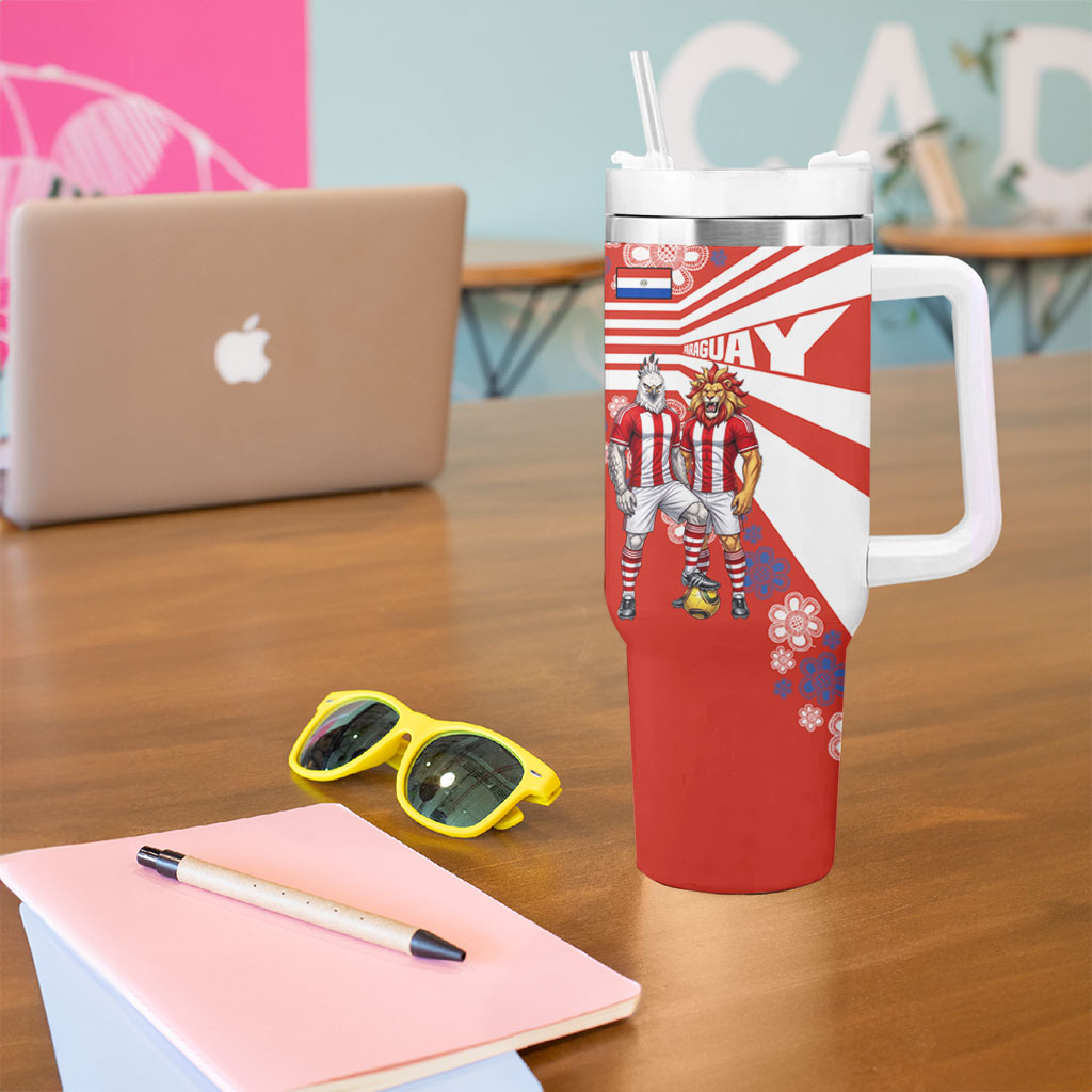 Personalized Paraguay Football Tumbler With Handle Lion Eagle Mascot Floral